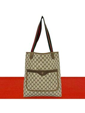 Gucci Vintage Sherry Line GG Logo Leather Tote Bag Brown
